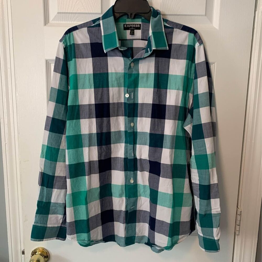 Express Modern Fit Long Sleeve Cotton Button Down - Blue - Men's Size L